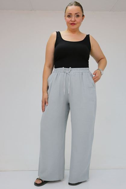59021 Büyük Beden Beli Lastikli Müslin Bol Paça Pantolon - Gri