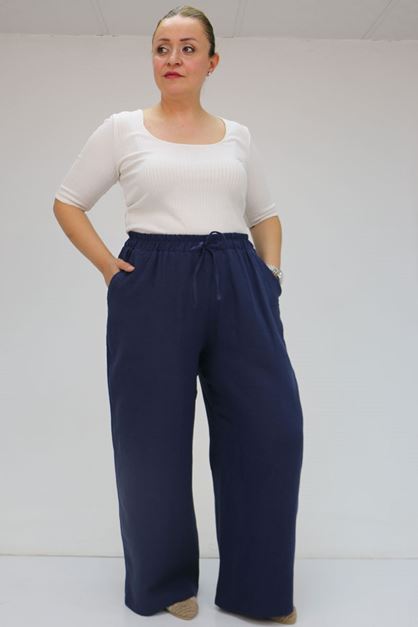 59021 Büyük Beden Beli Lastikli Müslin Bol Paça Pantolon - Lacivert