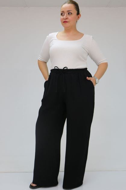 59021 Büyük Beden Beli Lastikli Müslin Bol Paça Pantolon - Siyah