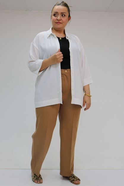 D-59010 Büyük Beden Beli Düğmeli Double Pantolon - Taba 