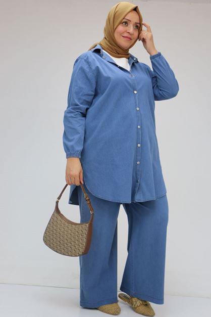 D-57033 Büyük Beden Kolları Lastikli Peteklil Kot  Pantolonlu Takım - Mavi