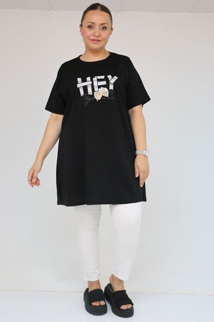 58502 Büyük Beden Yakası Ribanalı Suprem Tişört - Siyah