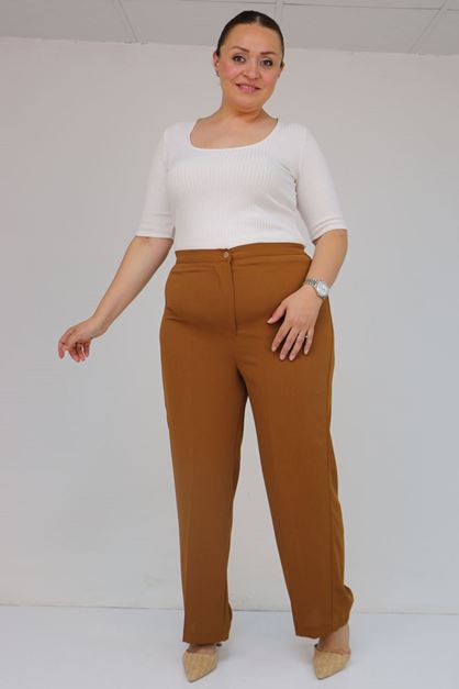 59016 Büyük Beden Beli Düğmeli Krep Pantolon - Hardal