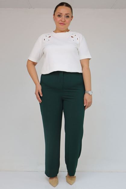 59016 Büyük Beden Beli Düğmeli Krep Pantolon - Zümrüt