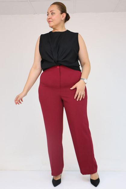 59016 Büyük Beden Beli Düğmeli Krep Pantolon - Bordo