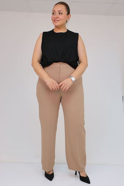 59016 Büyük Beden Beli Düğmeli Krep Pantolon - Vizon