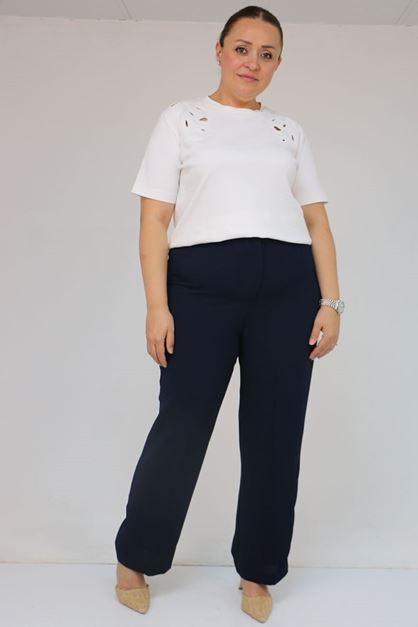 59016 Büyük Beden Beli Düğmeli Krep Pantolon - Lacivert