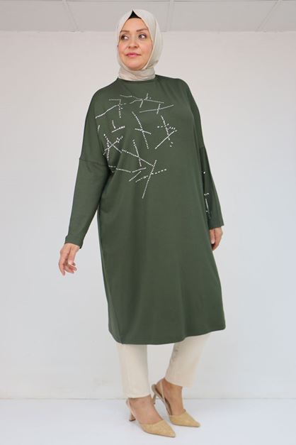 58080 Büyük Beden Düşük Kol Taş Detaylı Penye Tunik - Haki