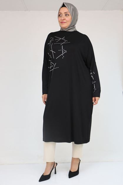 58080 Büyük Beden Düşük Kol Taş Detaylı Penye Tunik - Siyah