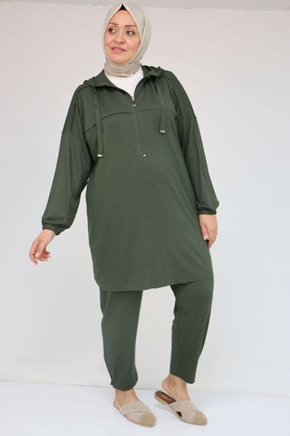 57021 Büyük Beden Düşük Kol Kapüşonlu Penye Pantolonlu Takım - Haki
