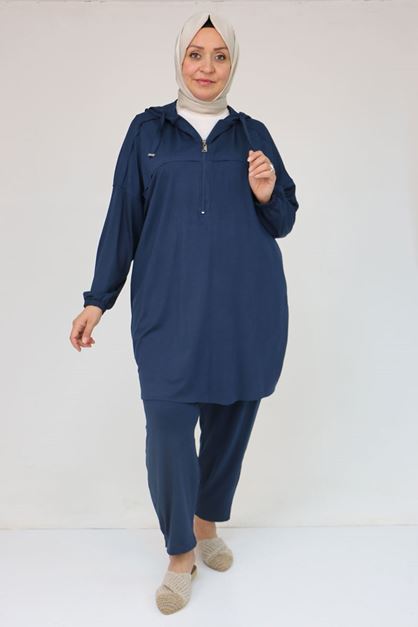 57021 Büyük Beden Düşük Kol Kapüşonlu Penye Pantolonlu Takım - Lacivert