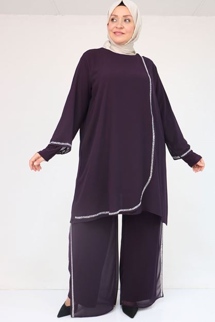 47064 Büyük Beden Taş Baskı Detaylı Sandy Şifon Pantolonlu Takım - Mürdüm