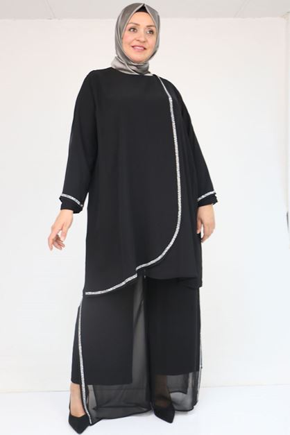 47064 Büyük Beden Taş Baskı Detaylı Sandy Şifon Pantolonlu Takım - Siyah