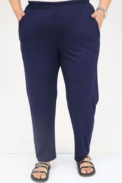 39001 Plus Size High Waist Elastic Combed Cotton Trousers -Navy Blue