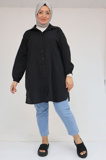 58091 Büyük Beden Kolları Lastikli Müslin Gömlek - Siyah