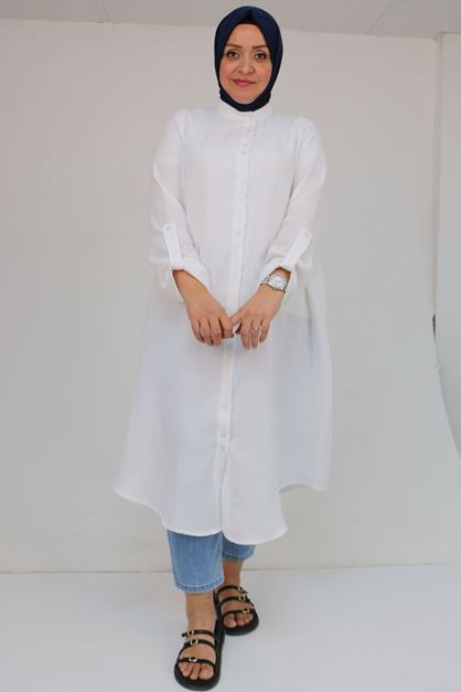 58092 Büyük Beden Çift Düğme Detaylı Müslin Gömlek - Ekru