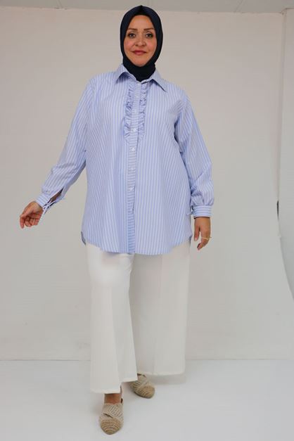 58075-1 Büyük Beden Önü Fırfır Detaylı Erkek Yaka Poplin Gömlek - Çizgili Mavi