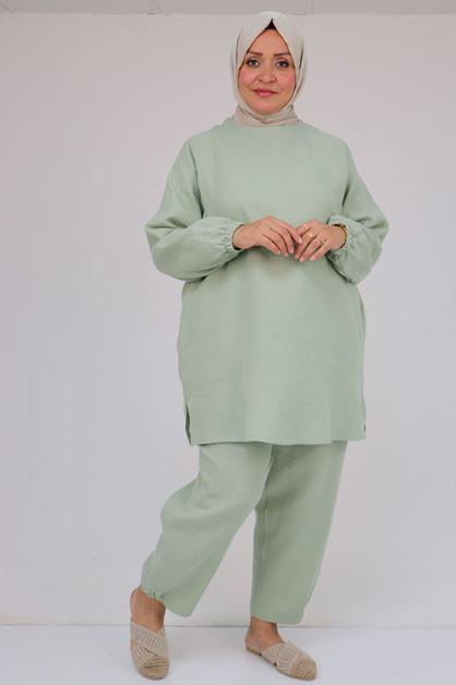 57048 Büyük Beden Kolları Lastikli Müslin Pantolonlu Takım - Nefti