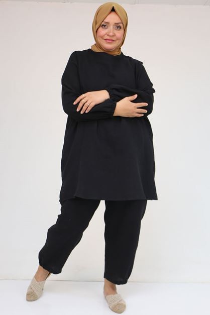 57048 Büyük Beden Kolları Lastikli Müslin Pantolonlu Takım - Siyah