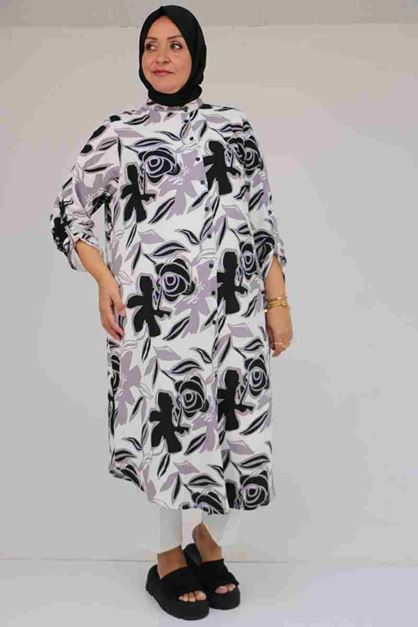 58097 Büyük Beden Desenli Bürümcük Düğmeli Gömlek - Gri-Siyah