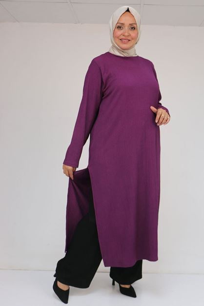 57051 Büyük Beden Kombinli  Bürümcük Pantolonlu Takım - Mürdüm