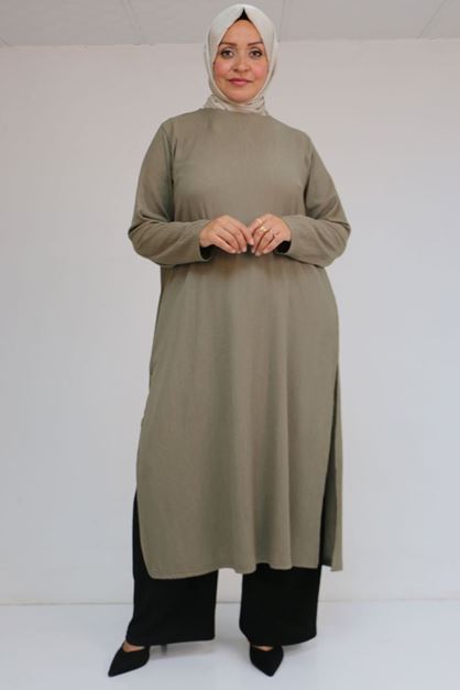 57051 Büyük Beden Kombinli  Bürümcük Pantolonlu Takım - Vizon