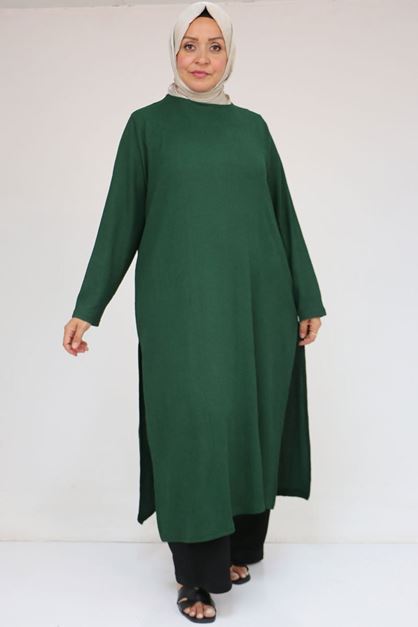 57051 Büyük Beden Kombinli  Bürümcük Pantolonlu Takım - Zümrüt