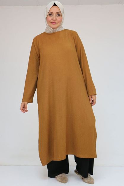 57051 Büyük Beden Kombinli  Bürümcük Pantolonlu Takım - Taba