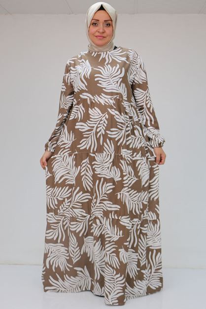 D-52023 Büyük Beden Desenli Viskon Elbise - Palmiye Desen Kahve