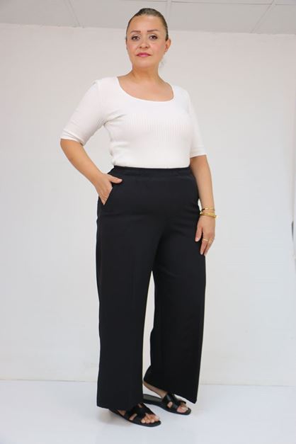 D-59017 Büyük Beden Beli Lastikli Bolpaça Pantolon - Siyah