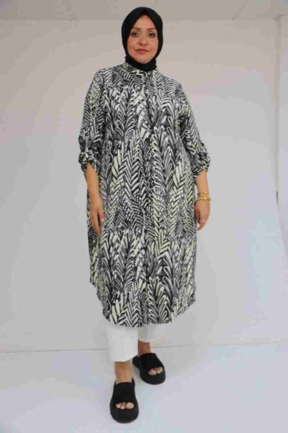 D-58097 Büyük Beden Desenli Bürümcük Düğmeli Gömlek - Siyah-Gri 