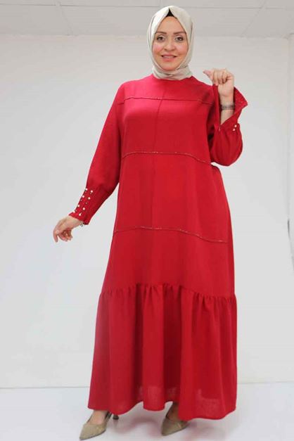 T-52007 Büyük Beden Kolu Pileli Ve Taş Detaylı  Keten Elbise - Bordo 
