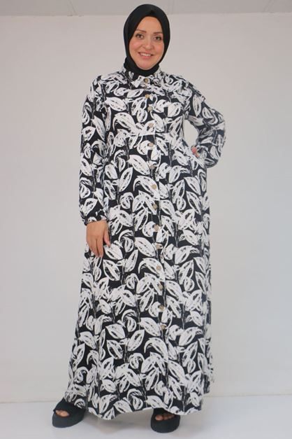 42014 Büyük Beden Desenli Viskon Erkek Yakalı Elbise - Yaprak Desen Siyah