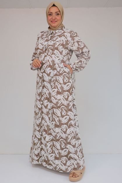 42014 Büyük Beden Desenli Viskon Erkek Yakalı Elbise - Yaprak Desen Kahve