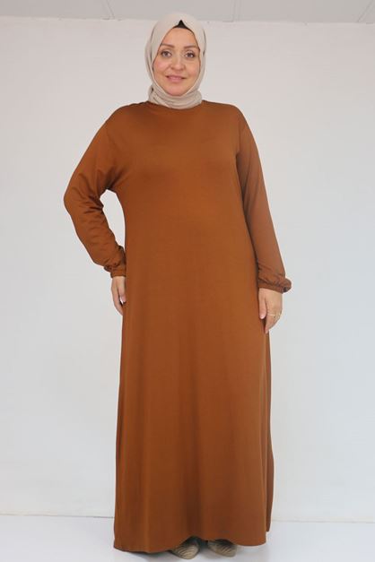 22008 Büyük Beden Kolu Lastikli Elbise - Taba