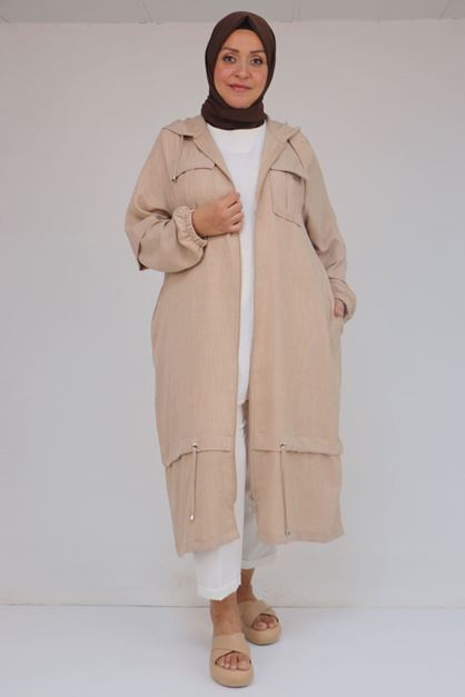 F-53017 Büyük Beden Kolu Lastikli Kapşonlu Keten Kap - Bej