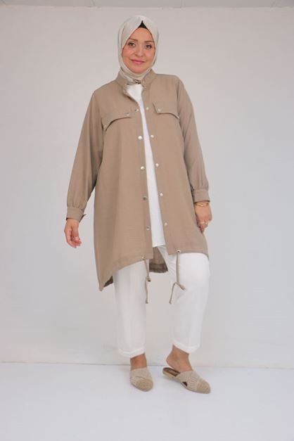 53013 Büyük Beden Dik Yakalı Manşetli Keten Kap - Vizon