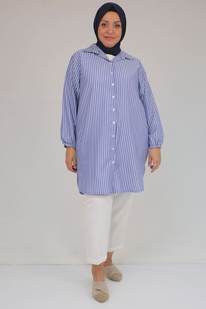 F-58098 Büyük Beden Erkek Yakalı Çizgili Poplin Gömlek - Lacivert