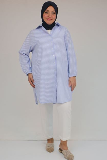 D-58098 Büyük Beden Erkek Yakalı Çizgili Poplin Gömlek - Çizgili Mavi