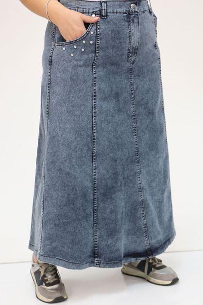 D-45007-1 Büyük Beden Parçalı Taş Detaylı Kot Etek - Mavi 
