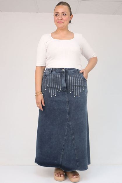 45010 Büyük Beden Parçalı Model Kot Etek - Koyu  Lacivert