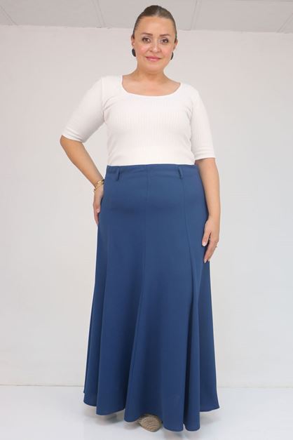 55002 Büyük Beden Kemerli Yandan Fermuarlı Etek - İndigo