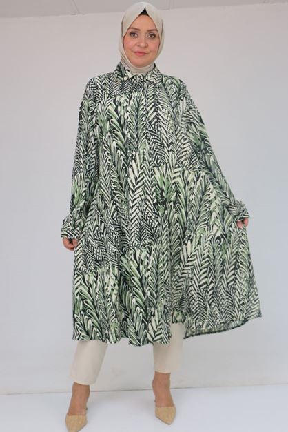 58083 Büyük Beden Mevlana Desenli Bürümcük Gömlek - Siyah-Nefti