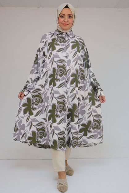 58083 Büyük Beden Mevlana Desenli Bürümcük Gömlek - Gri-Haki
