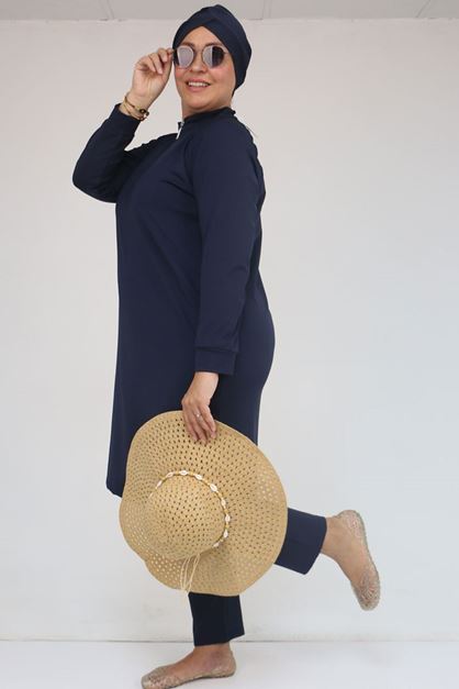 1732 Büyük Beden Balıkçı Yaka Fermuarlı Mayo - Lacivert