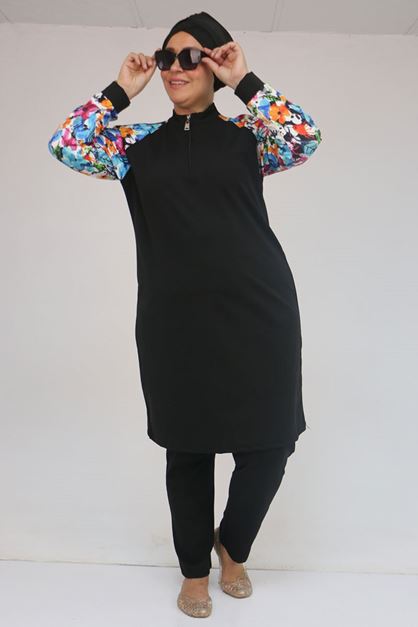 1732 Büyük Beden Balıkçı Yaka Fermuarlı Mayo - Karışık Desen Mavi