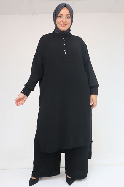 57029 Büyük Beden Yarım Patlı Yırtmaçlı Pantolonlu Takım - Siyah