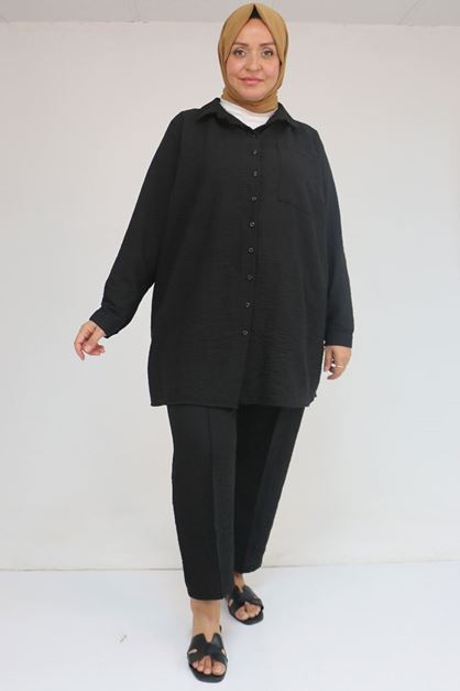 57049 Büyük Beden Erkek Yakalı Pantolonlu Takım - Siyah