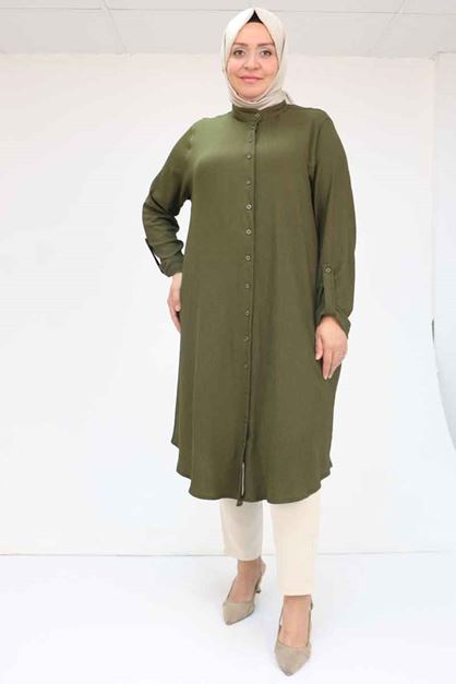 D-48022 Büyük Beden Bürümcük Gömlek - Haki 