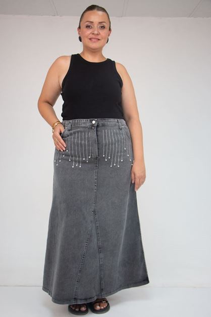 D-45010 Büyük Beden Parçalı Model Kot Etek - Siyah